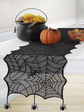 Crawling Halloween Spider Lace Table Runner, 13”X70”